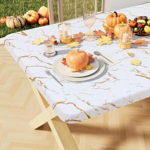 misaya Rectangle Vinyl Flannel Backed Tablecloth, Elastic Waterproof Fitted Table Cover, Plastic Table Cloth Fit 8 Foot Folding Tables for Picnic, Camping, Outdoor (White Gold Marble, 30x96 inch)