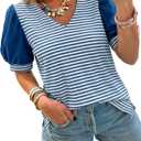 Tankaneo Womens Puff Sleeve Striped T-Shirts Summer V Neck Color Block Tops | Trendy Casual, Loose Fit Blouses, Basic Tees, Tunic Tops (M)