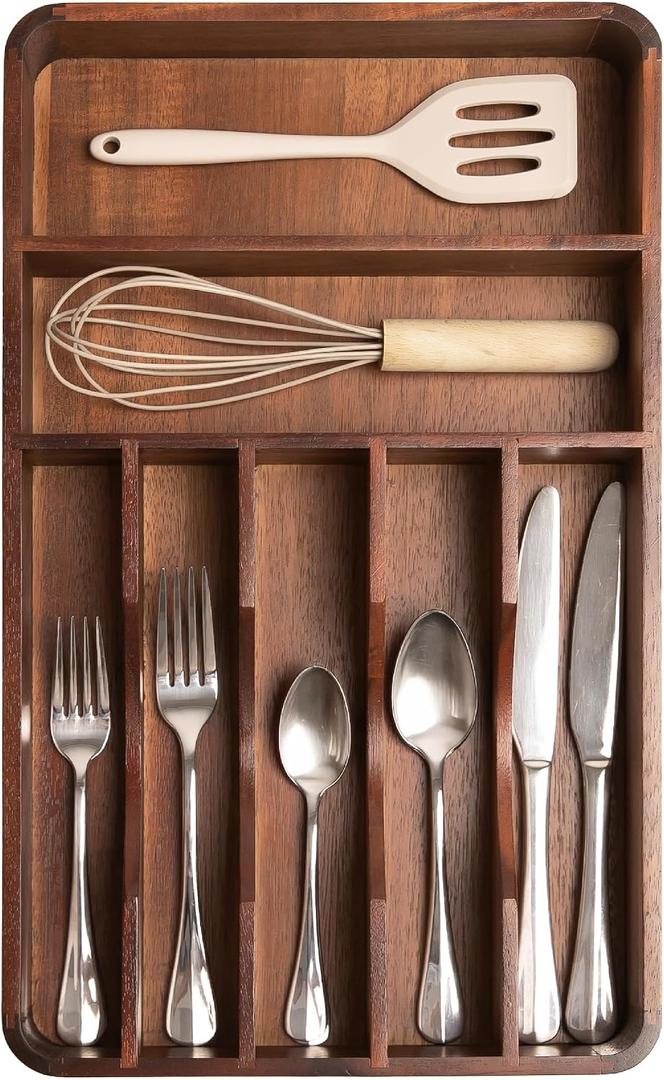 KitchenEdge Silverware Organizer - Cutlery, Flatware, and Utensil Holder for Kitchen Drawers, Fixed 10.5 Width, 7 Storage Compartments, Non-Slip Feet, Rounded Corners, Acacia Wood