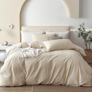 JIYUAN 100% Washed Cotton Duvet Cover Set 3 Pieces Queen, 1 Duvet Cover 90x90 Inches(Comforter Not Included) and 2 Pillowcases,Linen Feel Bedding Set Comfy and Breathable,Beige