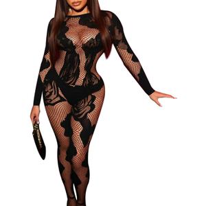 Women Long Sleeve Floral Fishnet Jumpsuit(Black, Small/Medium)