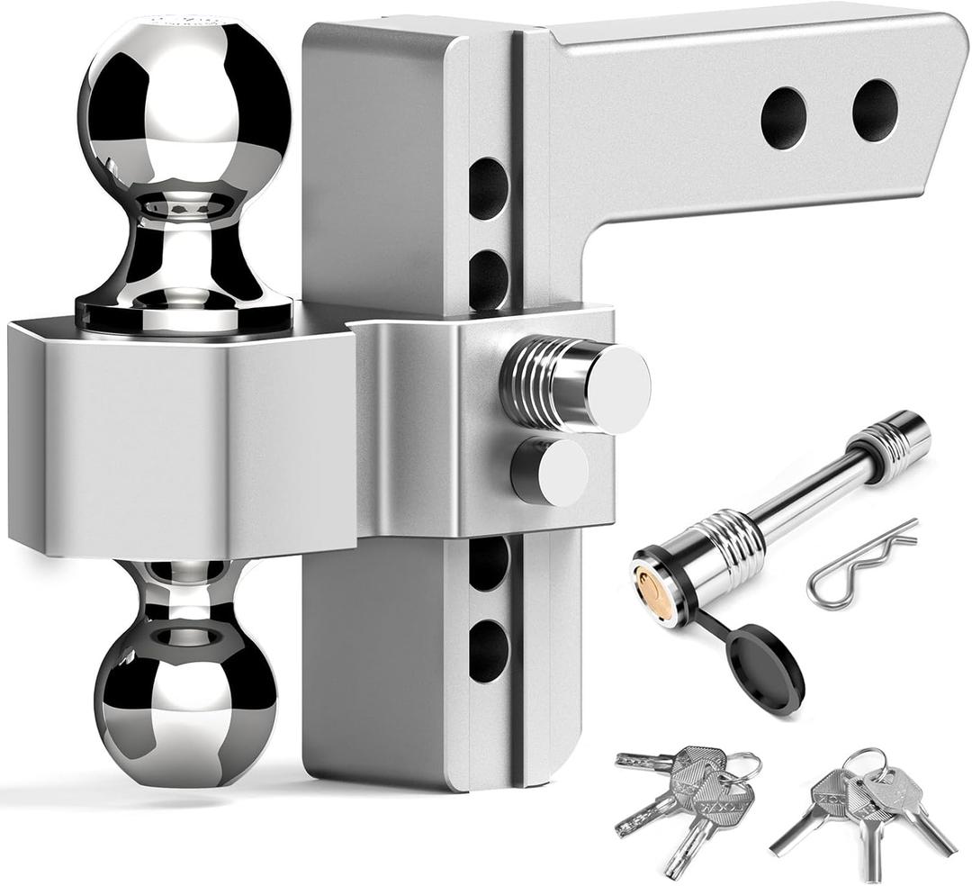Adjustable Trailer Hitch - 6 Inch Drop Hitch (Fits 2-Inch Receiver), 12,500 LBS GTW Aluminum Tow Hitch, (2" & 2-5/16") Chrome Plated Steel Ball Mount & Anti-Theft Locking Hitch Pins