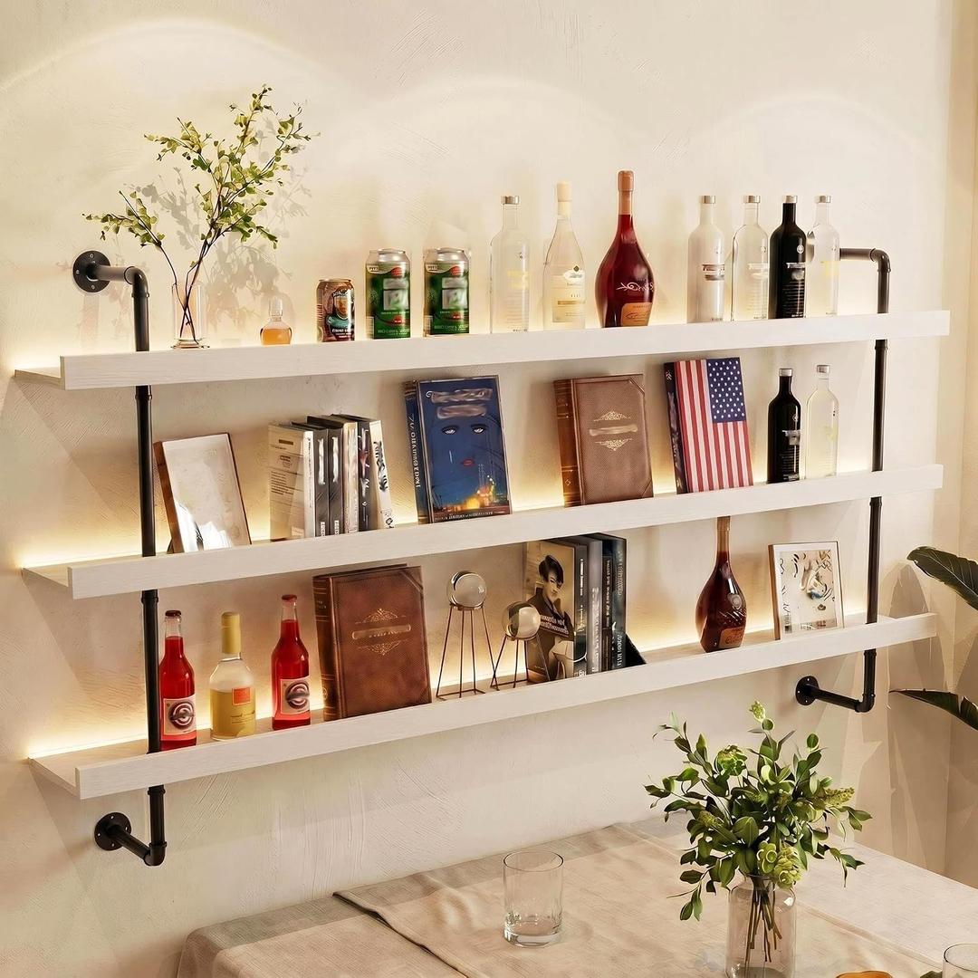 HOUSESET 36inch Wine Wall Rack with Led Lights, 3-Tiers Modern Pipe Liquor Bottle Display Shelf, Bar Shelves Wall Mounted for Commercial Bar, Restaurant, Home, 3ft/36in