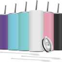 6 Pack Stainless Steel Skinny Tumbler, 20 OZ Double-Insulated Water Tumbler Cup with 6 Straw and 3 Brush, Vacuum Travel Mug Gift for Hot Cold Drinks with Cleaning(Assorted Colors)