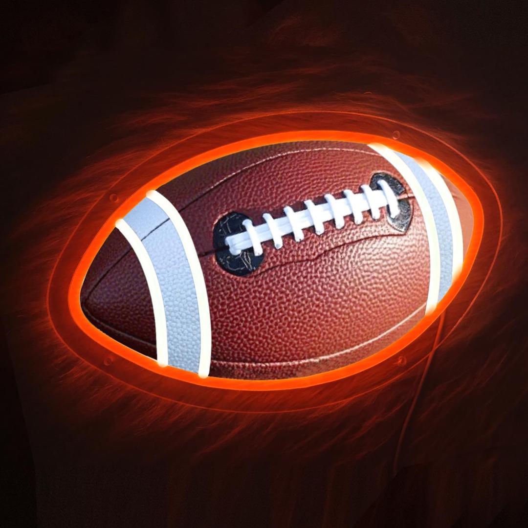 Football Neon Sign for Wall Decor Shaped Light LED Signs for Man Cave, Teens, Boys, and Girls' Bedrooms and Game Rooms. Neon Wall Signs Gift for Football Fans Teens (Orange + White)