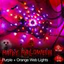 Ollny Spider Web Decoration 4FT 70 LED, Orange and Purple Halloween Lights with Black Spider Battery Powered 8 Modes Timer, Waterproof Cobweb String Light for Outdoor Indoor House Yard Party