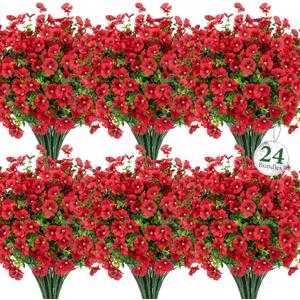Ouddy Decor 24 Bundles Artificial Flowers for Outdoors, Fake Silk Flowers UV Resistant Faux Plastic Plants for Planters Vase Table Porch Patio Garden Spring Summer Indoor Outdoor Home Decor, Red