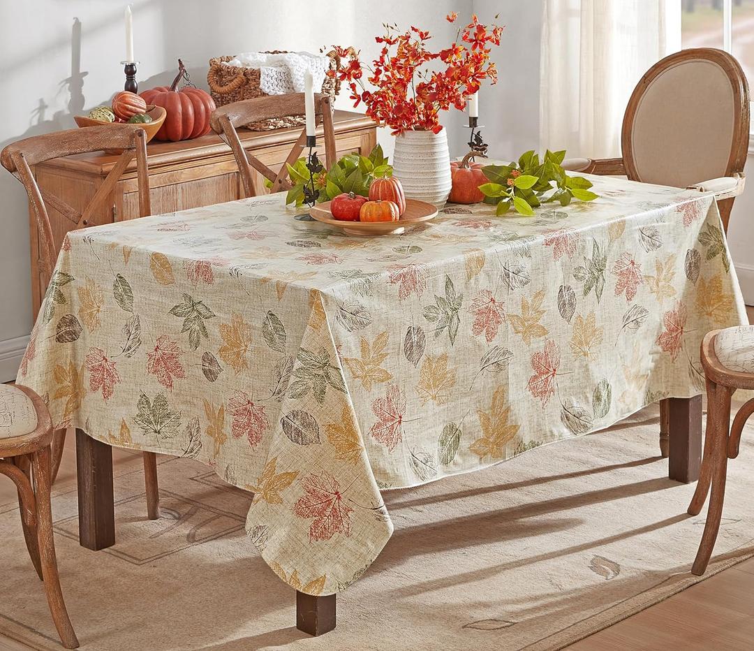 Newbridge Thanksgiving Stamped Abstract Leaves Vinyl Flannel Backed Tablecloth, Contemporary Leaf Print Indoor Outdoor Easy Care Table Cover, 52 x 52 Inch Square