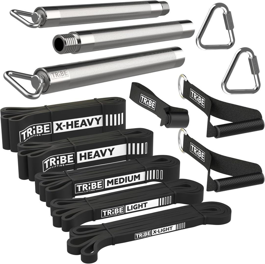 Tribe Lifting Resistance Bands for Working Out Men and Women - Set of 5 Pull Up Bands for Strength Training, Exercise Bands with Handles, Door Anchor and Bar Options for Home Gym (Black 3)
