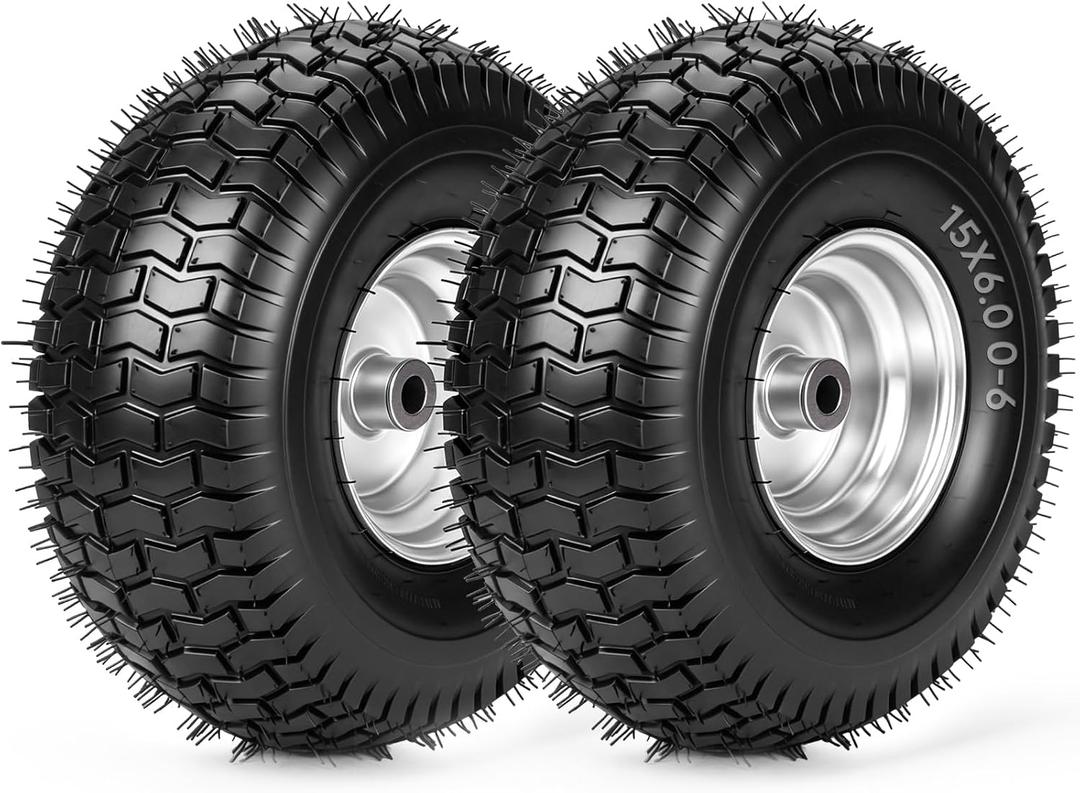 TICONN 2PK 15x6.00-6nhs Lawn Mower Tires, Pneumatic Front Tire and Wheel Assemblies, 3" Centered Hub and 3/4" Bushings, 550lbs Load Capacity (Silver)