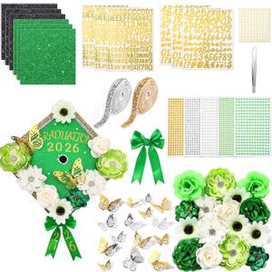 Wavwavw 62 Pcs DIY Graduation Cap Decorations Kit Include Faux Flowers 3D Butterfly Bow Self Adhesive Rhinestones and Alphabet Letter Stickers for 2026 Grad Cap Topper Decor Graduation Party(Green)