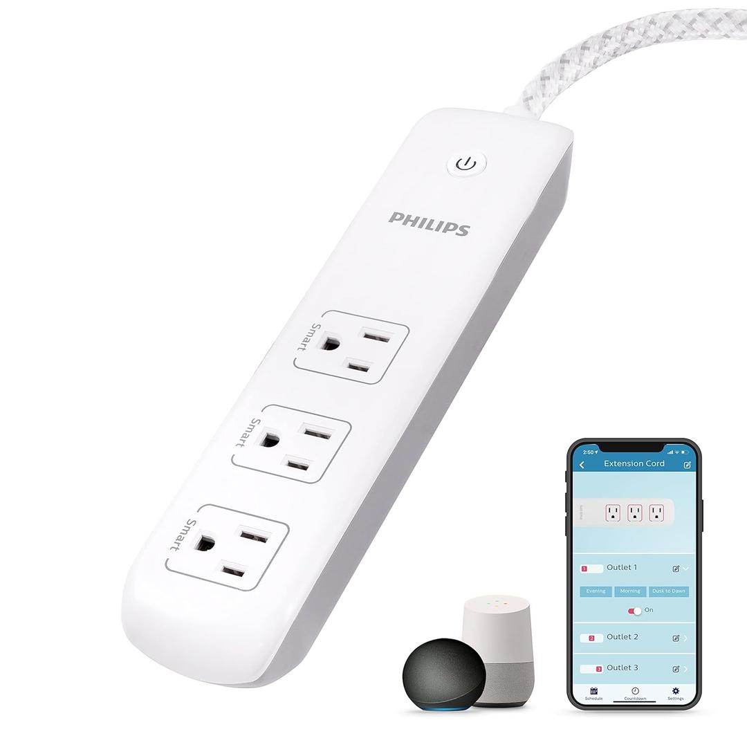 Philips 3 Outlet Smart Wi-Fi Extension Cord, 4 Ft Braided Cord, Individual Control, Compatible with Alexa, Google Home, Bluetooth Set Up, No Hub Required, ETL Listed, White, SPC9034WB/37