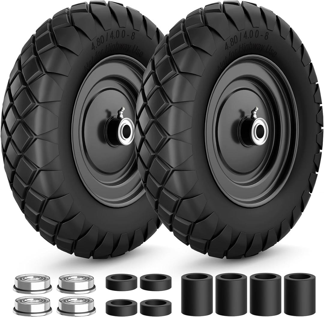 4.80/4.00-8 Flat Free Wheelbarrow Tire and Wheel, 16" Solid Puncture Proof Replacement Tires with 5/8" & 3/4" Bearings, 400Lbs Load, Universal Fit for Garden, Farm & Construction, 2Pack Black