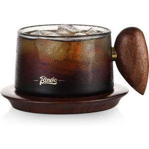 Bincoo Glass Coffee Cups and Saucers Set, 250ML Clear Glass Iced Coffee Mug Espresso Cup Tea Cup with Walnut Handle and Coaster (Gray)