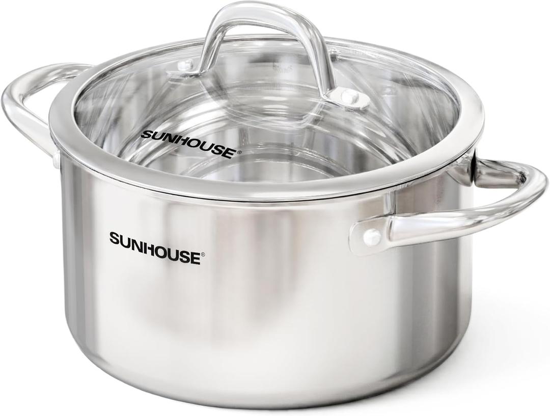 SUNHOUSE Whole-Clad 12 Quart Stainless Steel Stock Pot with Lid | Professional Whole Body Clad Stock Pot with Glass Lid - Induction Compatible Large Pot For Cooking