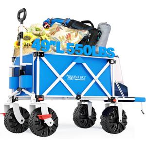 49" L Extra Long Beach Wagon with Tailgate, Big Wheels with Brake for Sand, Collapsible Utility Beach Cart Heavy Duty Folding Wagon, Ideal for Outdoor Sand Camping Garden Pet