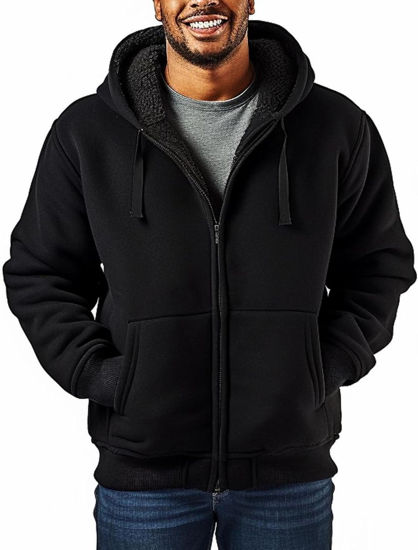 Sherpa Lined Hoodies for Men Heavyweight Full Zip Up Sweatshirt Thick Fleece Jackets Winter Warm Coats (Black, L)