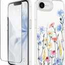 GVIEWIN for iPhone 16e Case with Screen Protector,[Non-Yellowing][Military-Grade Protection] Hard PC&TPU Bumper,Floral Shockproof Protective Clear Phone Case for iPhone 16E 2025(Aconite/Light Blue)