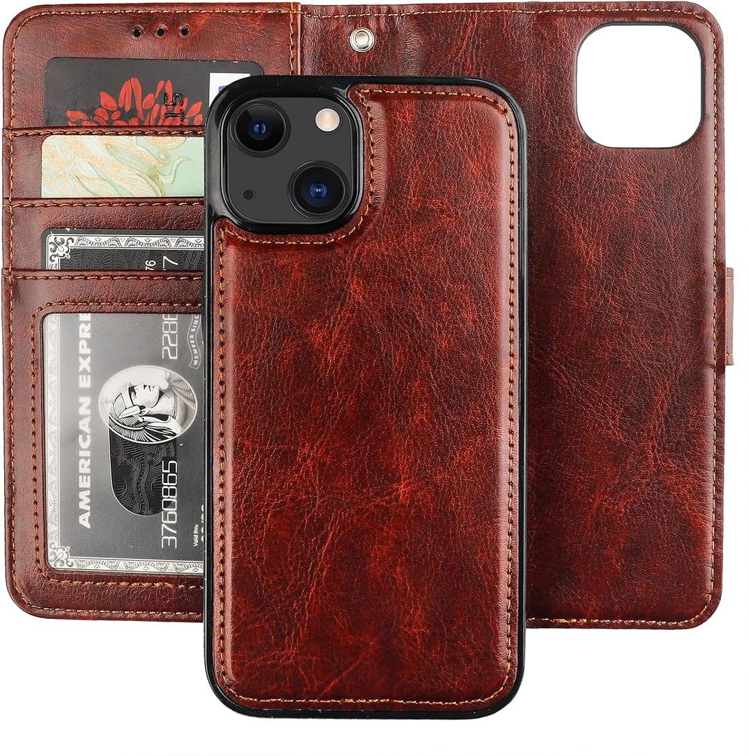 Bocasal Detachable Wallet Case for iPhone 13 RFID Blocking Card Slots Holder Premium PU Leather Magnetic Kickstand Shockproof Wrist Strap Removable Flip Protective Cover 5G 6.1 inch (Brown)