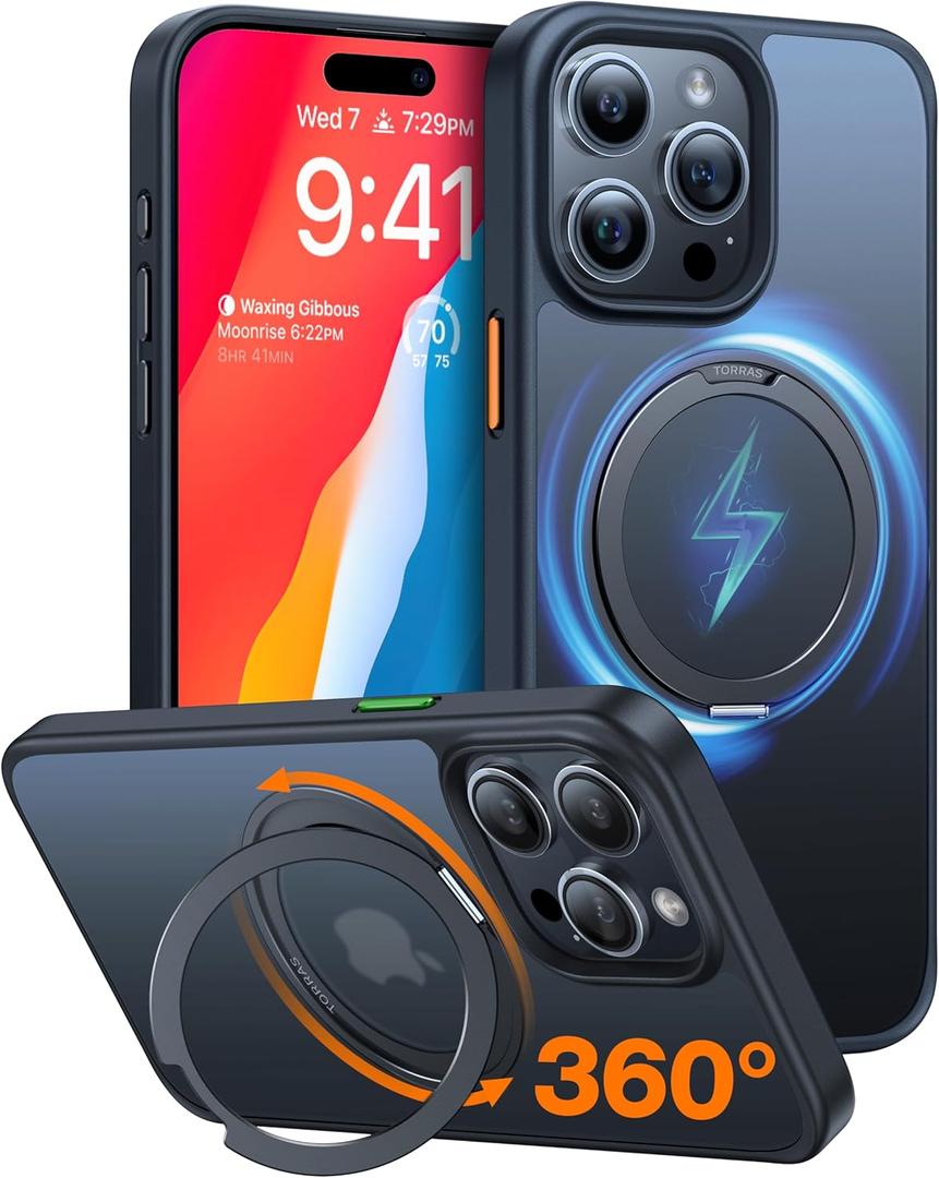 TORRAS Upgraded 360 Rotatable Magnetic Ring for iPhone 15 Pro Max Case, Fit for MagSafe with Stand Ring Holder, 16FT Mil-Grade Shockproof Translucent for iPhone 15 Pro Max Phone Case Ostand, Black