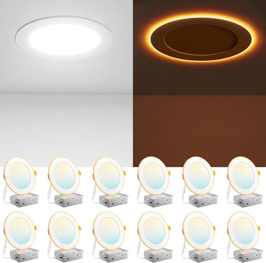 Amico 12 Pack 6 Inch 5CCT LED Recessed Ceiling Light with Night Light, 2700K/3000K/3500K/4000K/5000K Selectable Ultra-Thin Lighting, 12W=110W, 1100LM, Dimmable Canless Wafer Downlight ETL&FCC