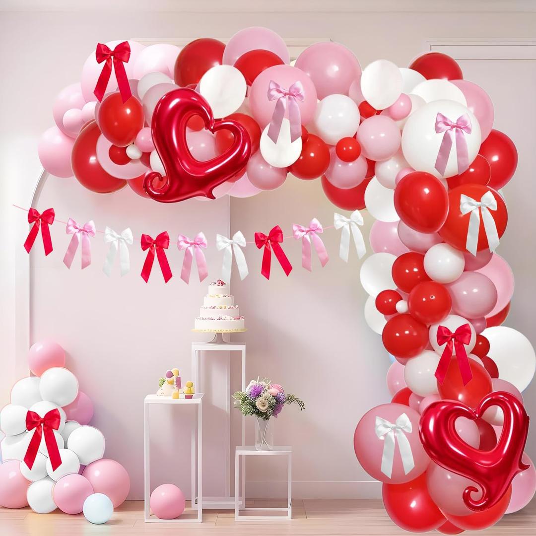 Valentines Day Party Balloons Arch Garland Kit, Red Pink White Bows Decorations, 106pcs Balloons & Accessories for Valentines Engagement Party Birthday Decorations