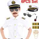 Kids Yacht Captain Sailor Costume for Boys Shirt Hat Accessories 6 Pcs Set Party Cosplay 3-4T White
