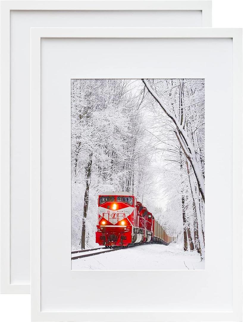 Egofine A2 Picture Frames Set of 2 Matted for A3 - Solid Wood Acrylic Plexiglass Front for Wall Mounting Hanging Vertically or Horizontally, White - 16.5 x 23.4 in