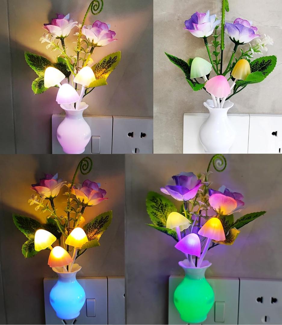 AUSAYE 4 Pack Plug in LED Night Light Sensor Rose Light, Energy Saving Lamp Dream Nightlight Rose Flower Mushroom Night Lights for Kids Adults Bedroom,Bathroom,Stairs,Kitchen,Hallway