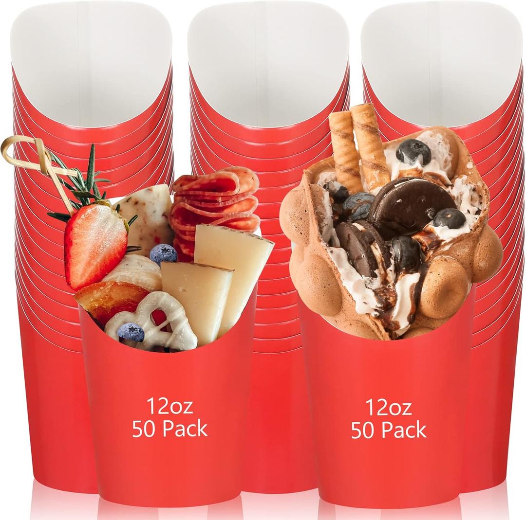 Sabary 50 Pcs Charcuterie Cups, 12 oz Paper Snack Appetizer Cups, French Fry Holder Brown Kraft, Disposable Popcorn Boxes Cones for Baby Shower Waffle Food Takeout(Red)