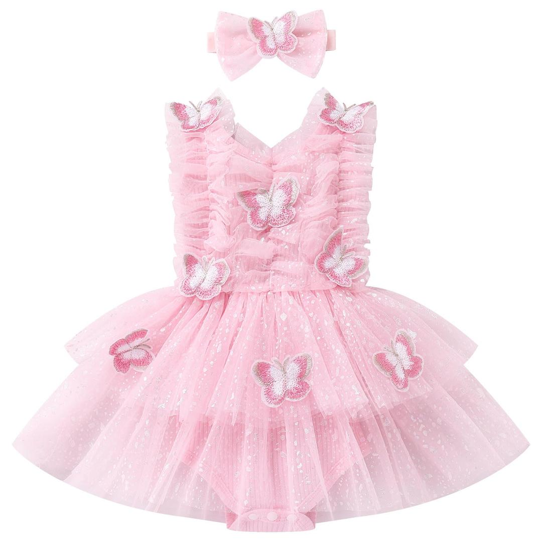 Baby Girl Butterfly Romper Dress Toddler Sparkly 1st Birthday Cake Smash Outfits Infant Ruffle Sleeve Christening Baptism First Communion Dresses Newborn Pageant Clothes Pink 3-6 Months (Pink)