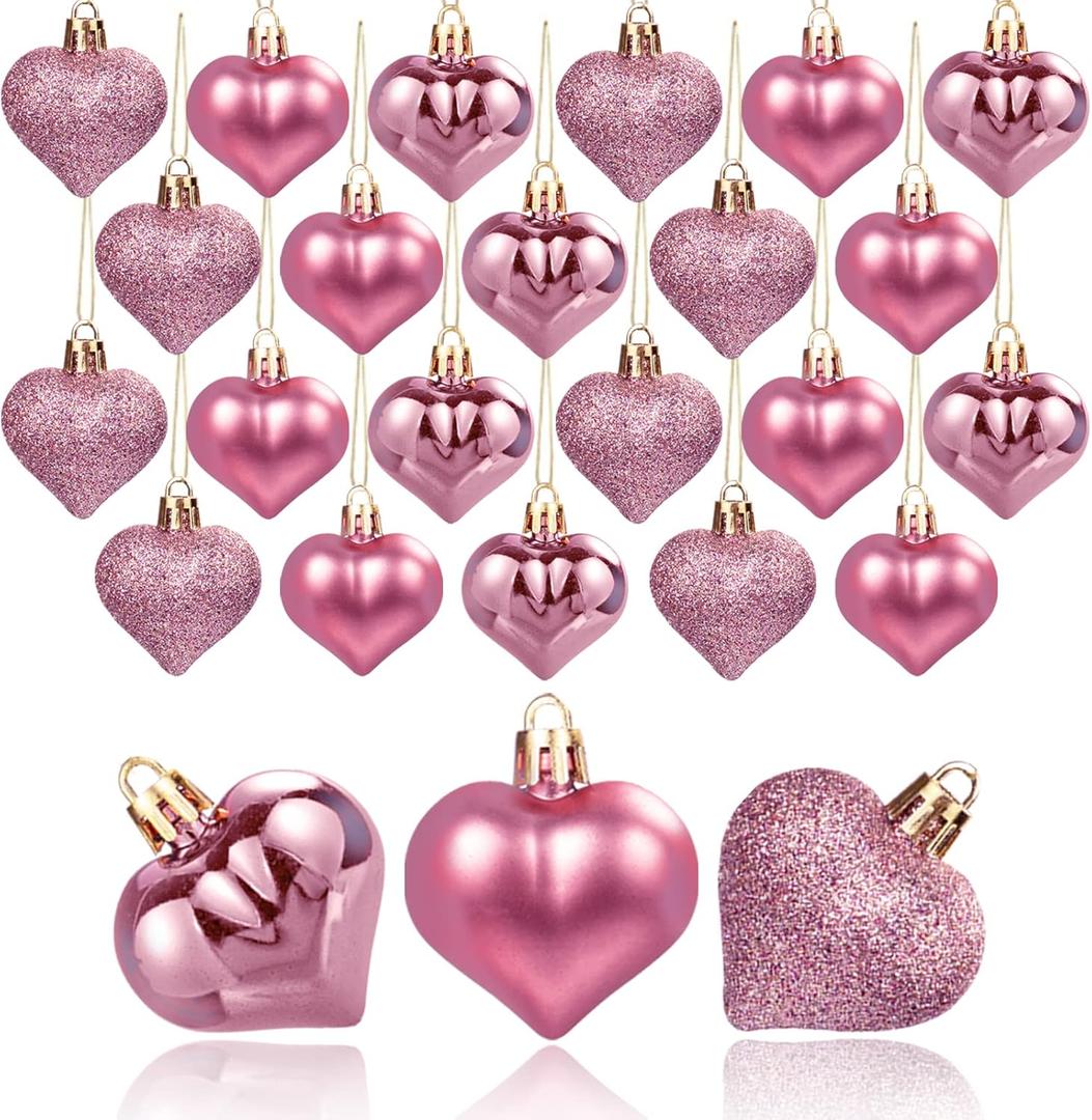 GuassLee Valentines Day Decorations Heart Ornaments - 36pcs Rose Gold Heart Shaped Baubles Tree Ornaments for Valentine's Day Wedding Anniversary Hanging Decorations