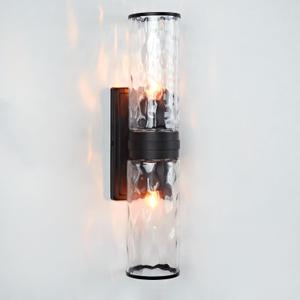 Hammered Clear Glass Shades Candelabra Sconce, Double Glass Tube Indoor/Outdoor Vanity Sconce for Bathroom, Living Room, Bedroom, Entryway, 4.5" w x 5" d x 15.5" h (Black)