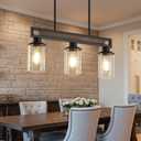 Farmhouse Dining Room Light Fixture, 3-Light Wood Kitchen Island Lighting for Dining Room Over Table, Black Adjustable Pendant Light with Seeded Glass Shades, Linear Chandeliers Lighting for Kitchen
