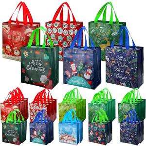 Windyun 50 Pack Christmas Small Gift Bags, 9"x8.7"x4.3" Reusable Non Woven with Handles Bulk Wrapping Christmas Bags for Kids Candy Goodie Xmas Party Favors