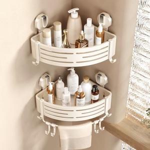 Corner Shower Caddy Suction Cup Shower Shelf Corner No Drilling Bathroom Shower Organizer Storage Rack Adhesive with Towel Bar (2-Pack, Ivory)