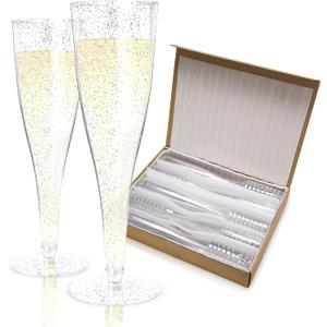 Prestee 100 Pack Plastic Champagne Flutes Disposable - Durable Silver Glitter Champagne Glasses 4.5 oz - Ideal for Parties, Weddings, Mimosa Bar, and Celebrations - Elegant Single Use Party Glasses (100 Count (Pack of 1))
