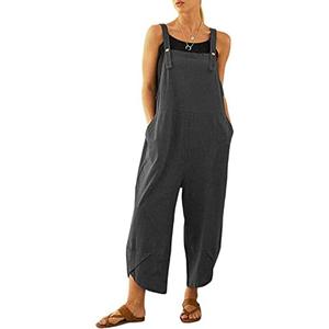 Shebote Womens Sleeveless Cotton Linen Adjustable Bib Overalls Baggy Jumpsuits Romper with Pockets Straps Jumpsuit Small, Black 