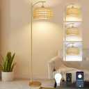 Gold Floor Lamps for Living Room Rattan Boho Floor Lamp with Remote Control & 3 Color Temperature,Dimmable Arc Floor Lamps Brass Standing Lamp Tall Floor Lamp for Bedroom Living Room Corner