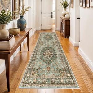 Washable Oriental Hallway Runner Rug - 3x8 Rugs for Living Room Soft Carpet for Bedroom Kitchen Waterproof Floral Distressed Indoor Stain Resistant Non-Shedding Floor Carpets (Green, 3X8)