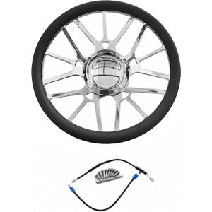 14" Symmetric Multi Spoke Style Billet Aluminum Steering Wheel - Black Leather Half Wrap, 9-Bolt Dish Design & Mirror-Polished Chrome Horn Button - Fits Most 1967-94 GM Cars