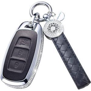 for Hyunda Key Fob Cover with Keychain, Black Genuine Leather Crystal Key Case Protection Shell Compatible with 2022 2021 2020 Hyunda Sonata Santa fe Tucson Keyless Entry 5 Buttons Smart Key