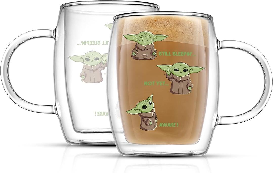 JoyJolt Awake! Grogu Coffee Mug Set of 2 Double Wall Mug. 13.5oz Large Espresso, Cappuccino or Latte Cup. Mandalorian Star Wars Mugs, Insulated Coffee Mug, Clear Glass Cups Coffee Cup Set