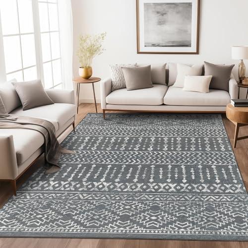 Art&Tuft Area Rug 5x7, Super Soft Ultra-Thin Moroccan Washable Rug, Anti-Slip Backing Rugs for Living Room, Foldable Geometric Machine Washable Area Rug(5'x7', Grey)