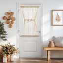 jinchan French Sheer Volie Door Curtain Embroidered Farmhouse Linen Curtain for Patio Door with Tie up Bows Light Filtering for Door Window Closet Rod Pocket 40 Inches 1 Panel Crude on Beige