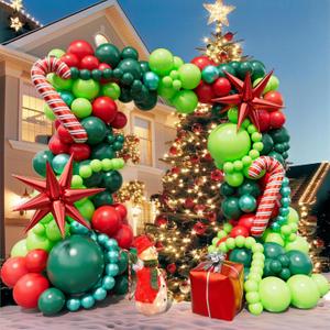 Bonropin 183pcs Christmas Balloon Garland Arch kit with Christmas Red Lime Dark Green Metallic Green Balloons Candy Cane Gift Box Explosion Star Foil Balloons for Xmas Party Decorations