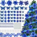 XunYee 137 Pcs 5 Styles Christmas Poinsettia Glitter Flowers 3 Styles Hollow Out Butterfly Artificial Berries Kit with Clips, Stems and 32.8 ft Ribbon for Xmas Tree Ornaments Home Decor(Blue)