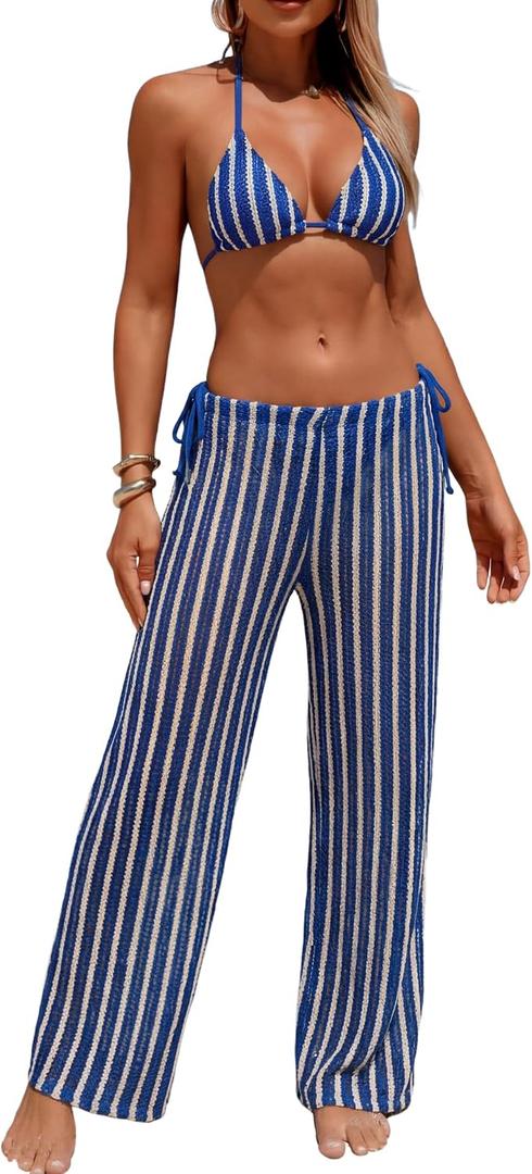 ZAFUL Women's Halter Bikini Sets V Neck Textured Triangle String High Cut Tie Side 3 Piece Swimsuits with Cover Up Pants, Medium