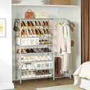 Shoe Rack with Coat Rack, 8 Tier Tall Shoe Storage Organizer with Hooks, 3-in-1, Wooden Top Shelf, Sturdy Frame, Metal Clothes Hanger Stand for Entryway, Closet, Silver