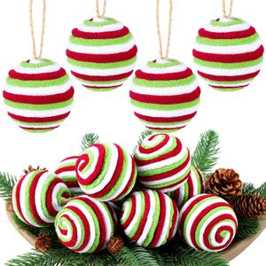 16 Pcs Fluffy Christmas Balls Ornaments 2.36 Inches Red Green White Christmas Balls Ornaments for Xmas Tree Peppermint Candy Hanging Decorations Elf Swirl Candy Cane for Bowl Basket Vase Fillers